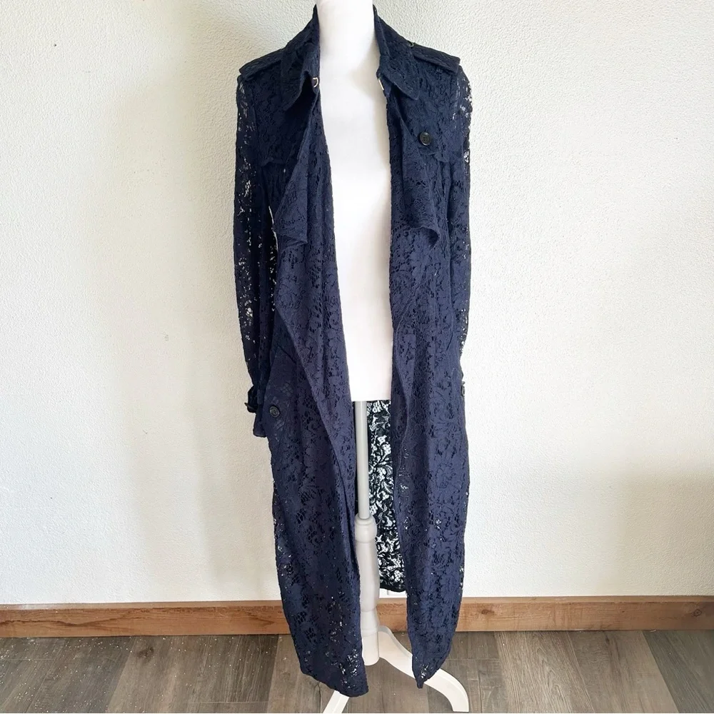 Burberry London Gracehill Navy Blue Lace Trench Coat Size 2 - Picture 5 of 14
